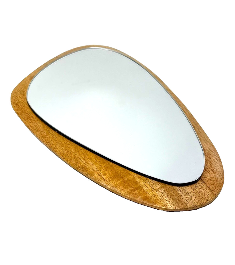 Vintage MCM Pebble Shaped Solid Wood Framed Wall Mirror Asymmetrical